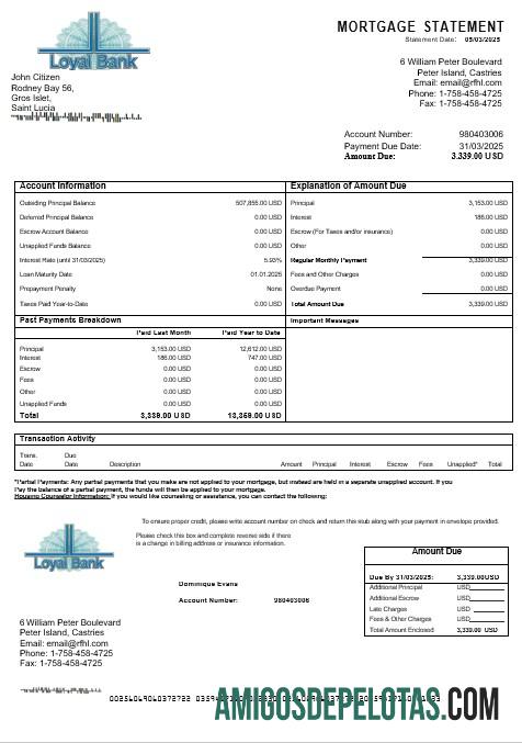 Extrato de hipoteca do Loyal Bank de Santa Lúcia em formatos Word e PDF modelo